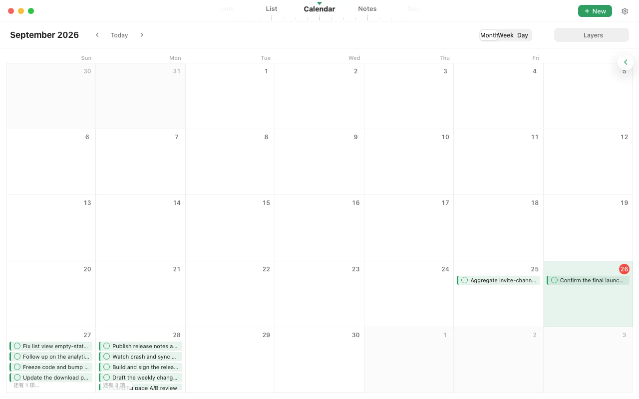 Calendar view: tasks laid out by date
