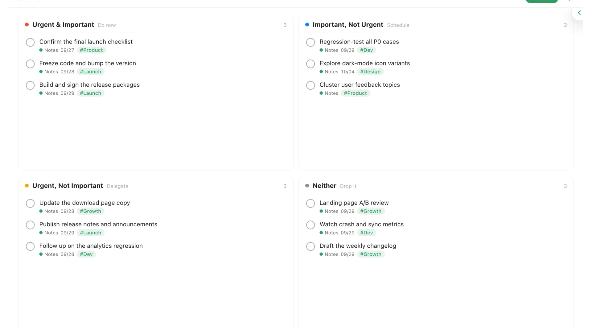 Quadrant view: tasks sorted into Urgent & Important, Important Not Urgent, Urgent Not Important and Neither