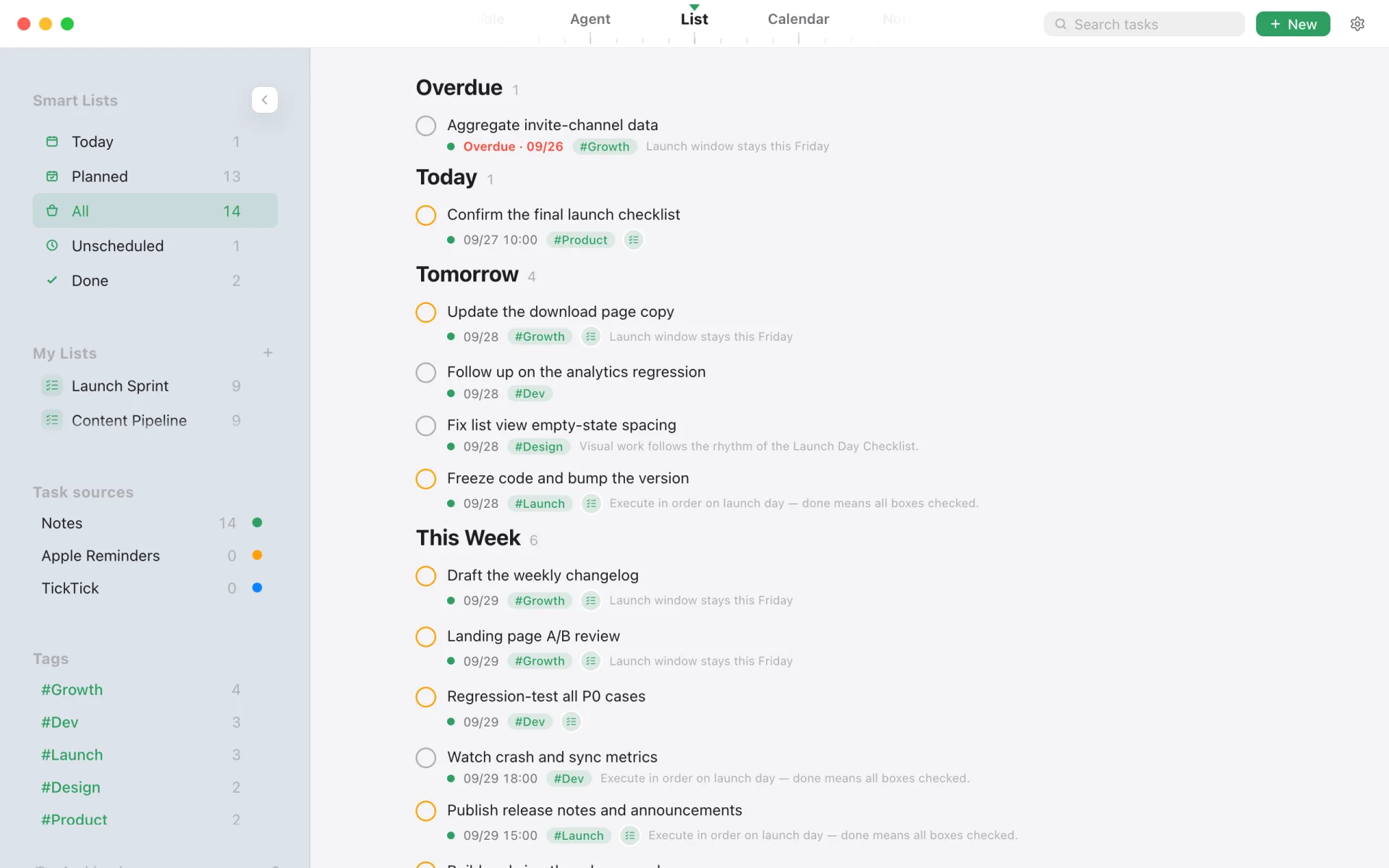 Taskstick list view: tasks grouped into Overdue, Today and Tomorrow, each showing its source note